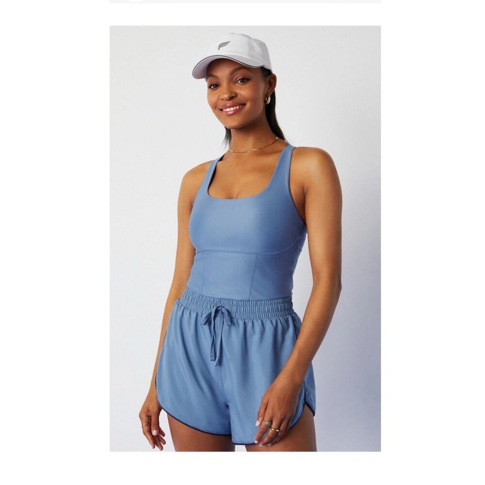 $95 NWT Fabletics Sport Shortsie Rompie One Piece Athletic Shorts Blue Sz L